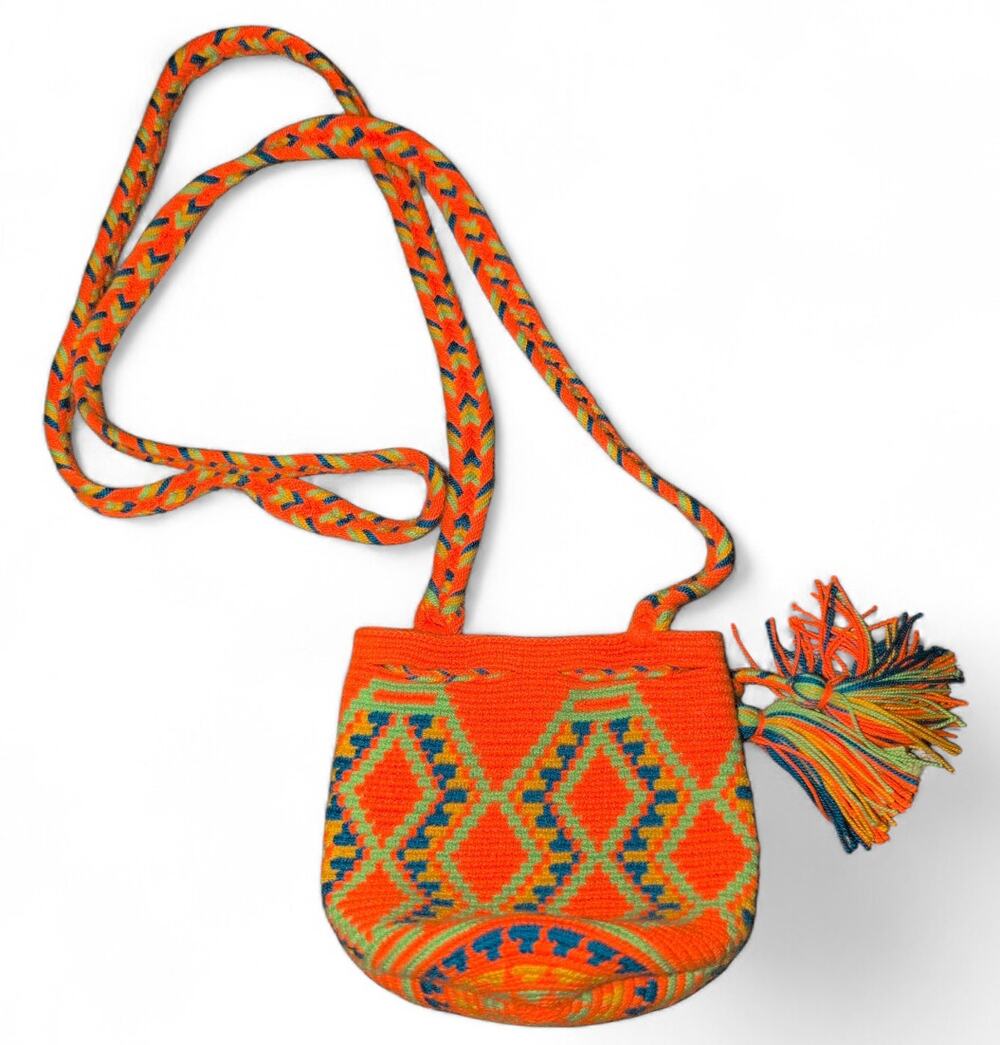 Mini Wayuu Mochila Crossbody Bag | Orange & Green Pattern | Handmade
